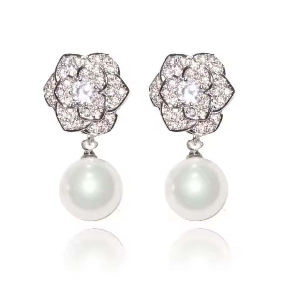 Rose Pearl Flower Silver Crystal Earrings